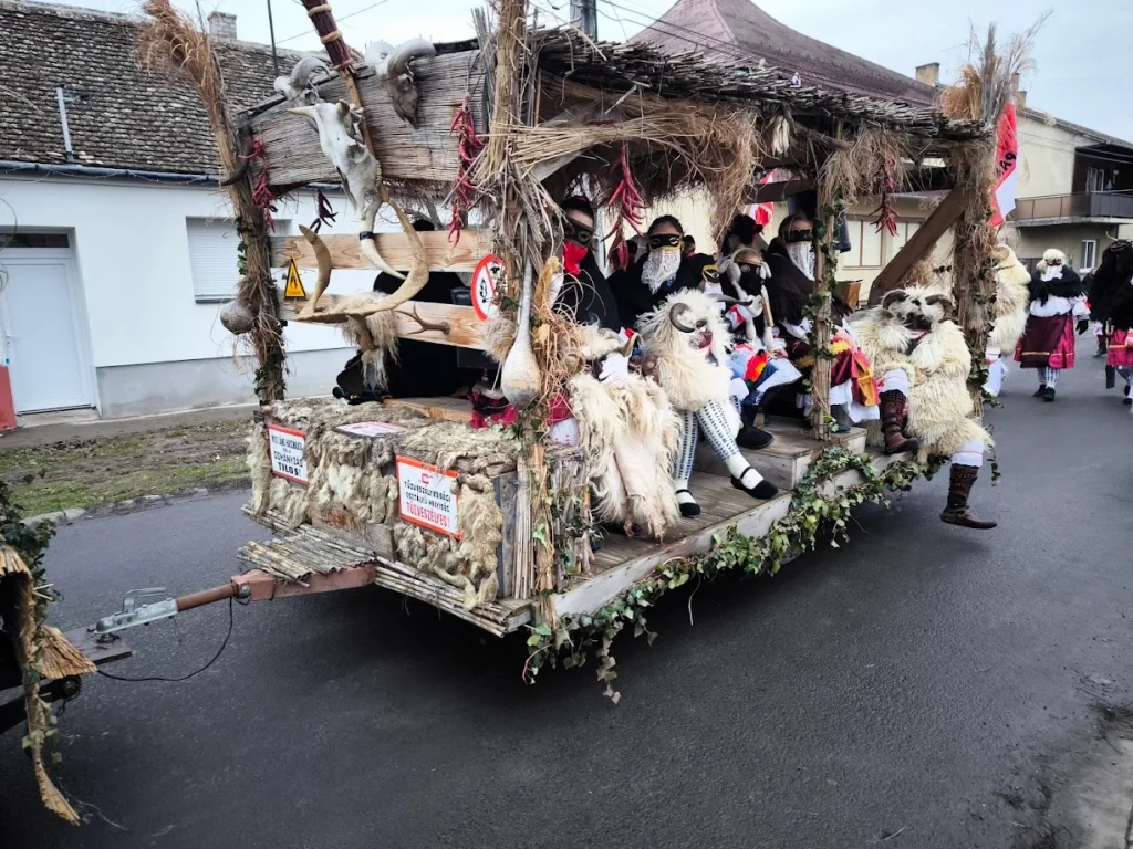 Feldíszített traktor a busó felvonuláson